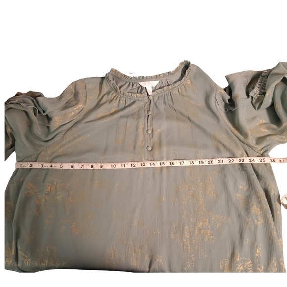 Lauren Conrad Plus 2X Sage Green Gold Floral Print Ruffle Neck Blouse Top - Picture 6 of 9